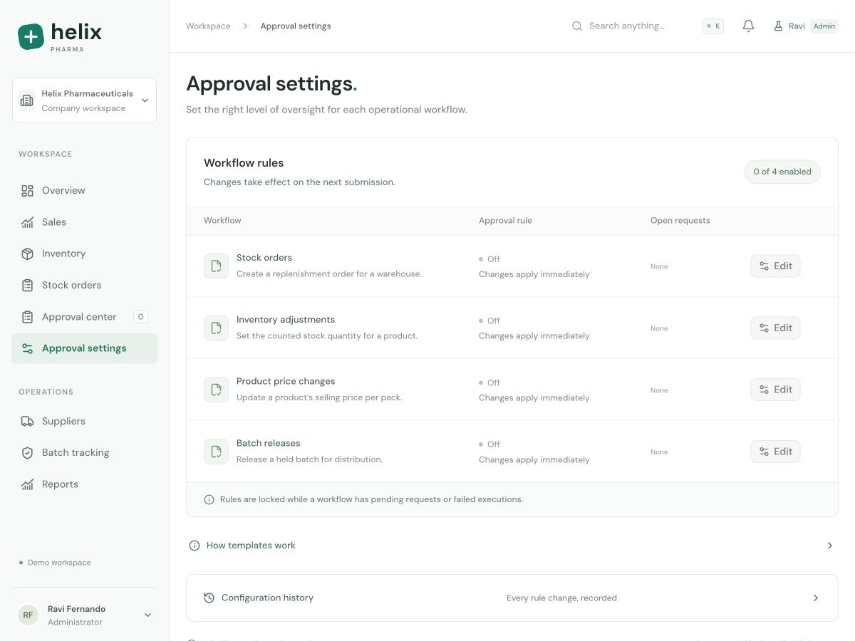 Workflow settings with action rows and their current approval rules.