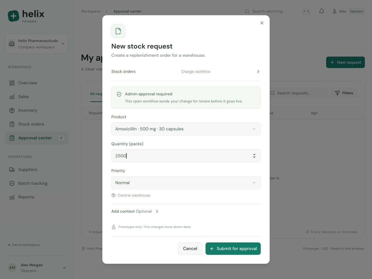 A stock-request form showing product, quantity, priority, and collapsed optional context.