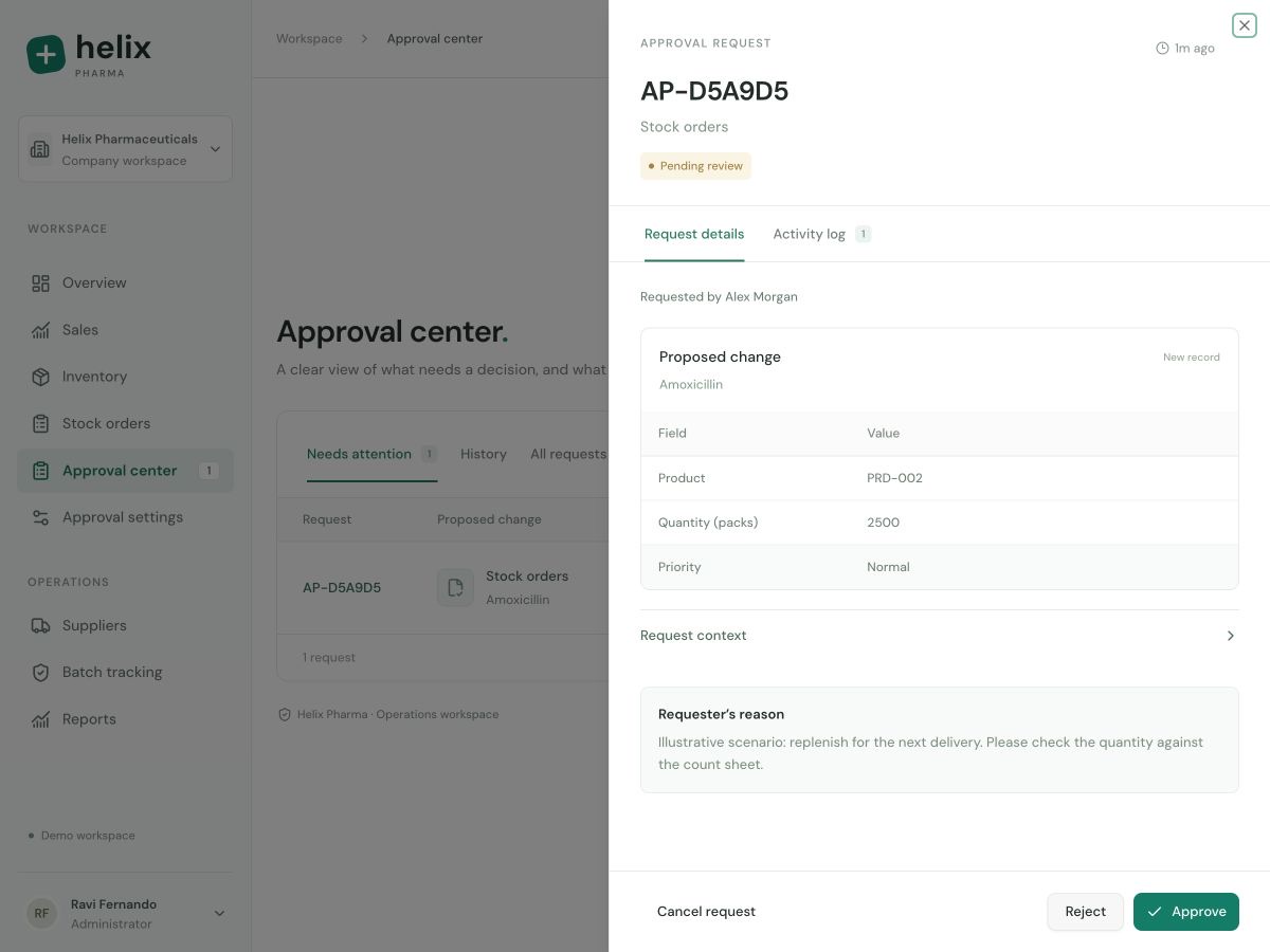 A review drawer leading with proposed stock-order values and showing decision controls.