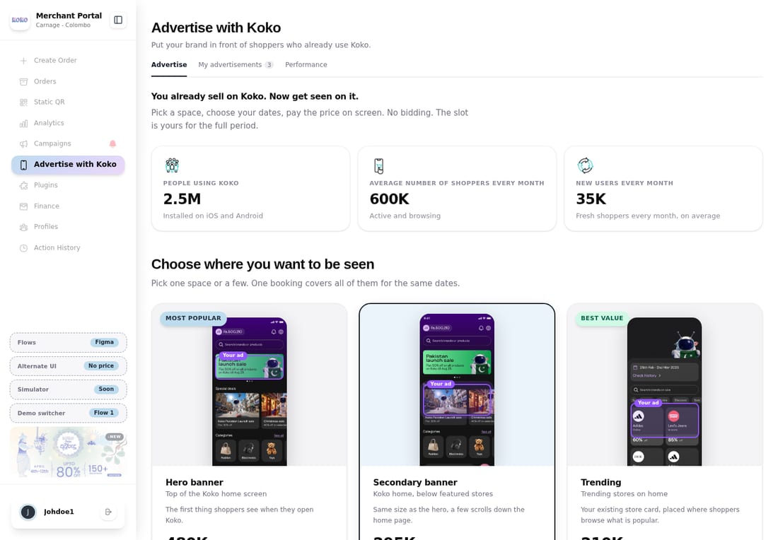 The existing Koko merchant portal before the Advertise redesign.