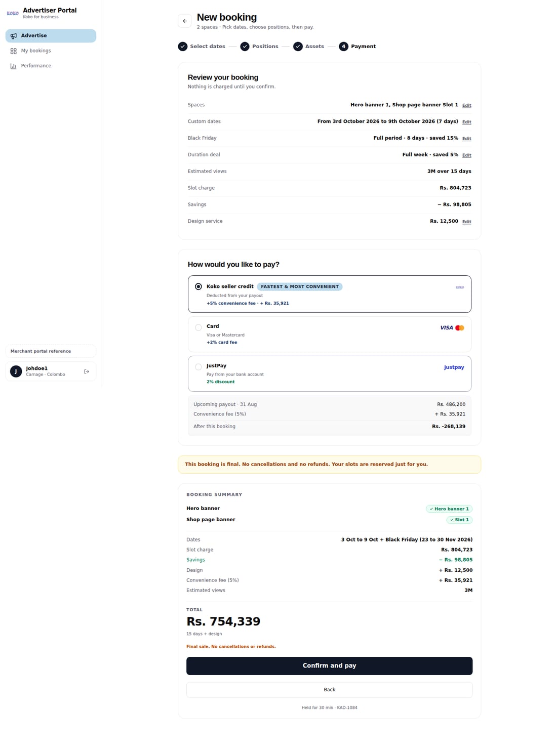 The payment step showing booking review, payment methods, and a cost summary.