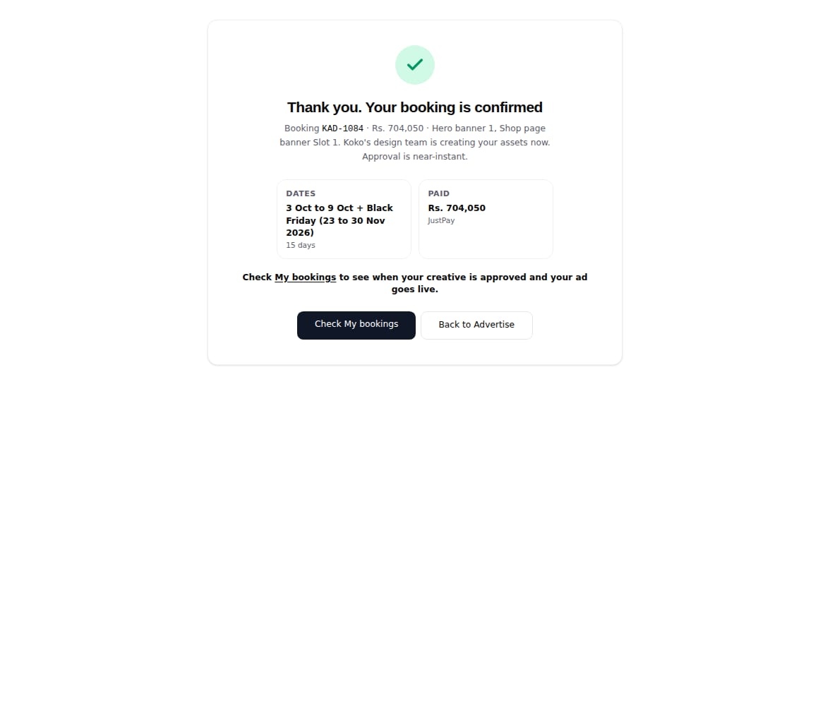 Booking confirmation with reference, dates, amount paid, and next steps.