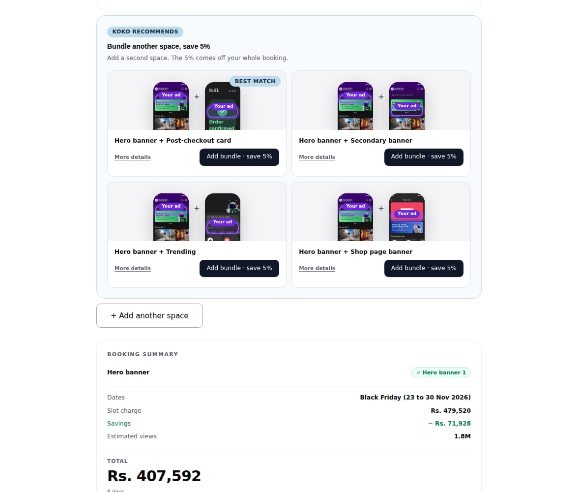 A bundle offer showing recommended additional placements and a five-percent discount.
