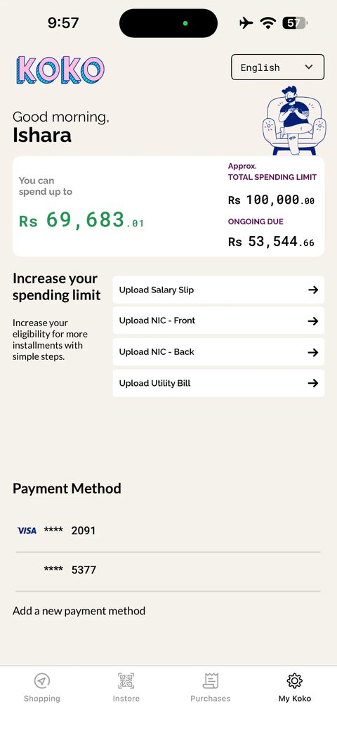 Old My Koko showing three spending figures and document-upload rows.