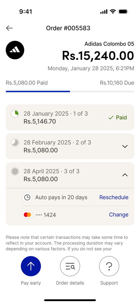 An order detail screen showing paid and due amounts and individual instalments.