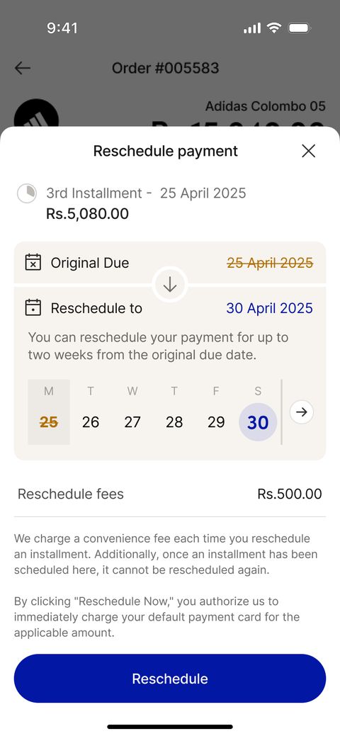 A reschedule sheet showing a date window and the rescheduling fee.