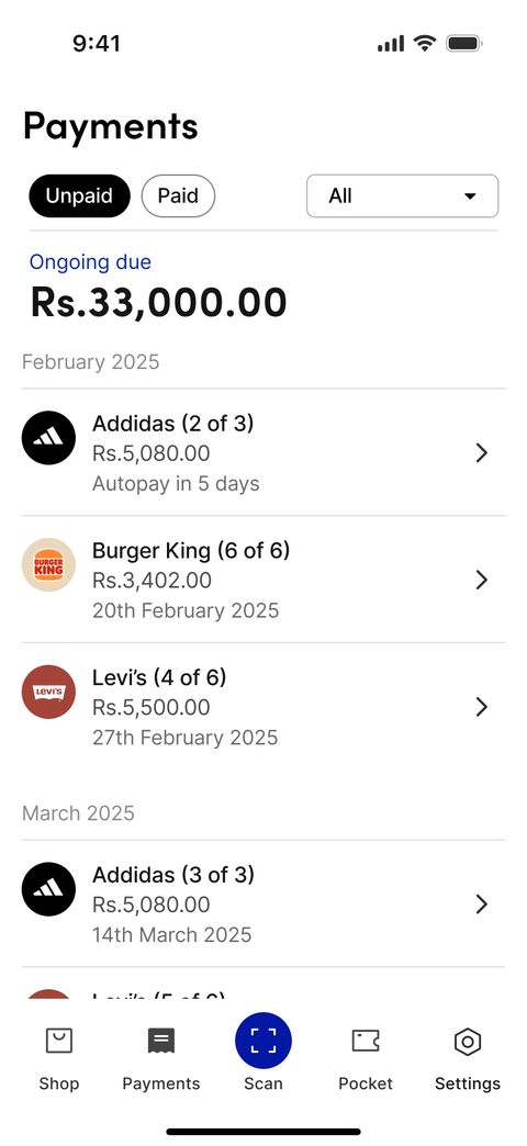 Payments with Unpaid and Paid tabs, an ongoing-due amount, and grouped orders.