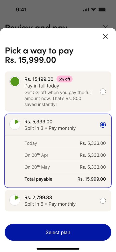 A payment-plan sheet with the split-in-three instalment schedule expanded.