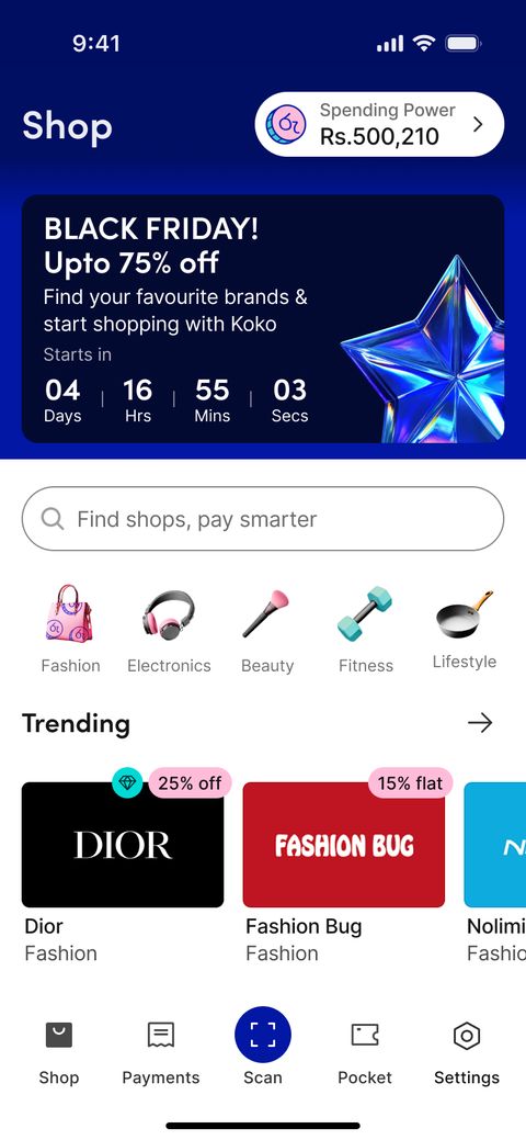 The redesigned Shop tab with Spending Power, one search field, and merchant content.