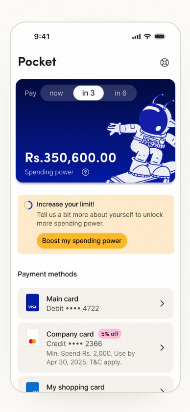 Pocket showing one Spending Power amount for the split-in-three plan.
